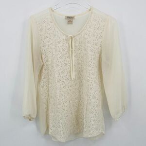 Lucky Brand Size Medium Ivory Floral Lace Front 3/4 Sleeve Boho Blouse Top